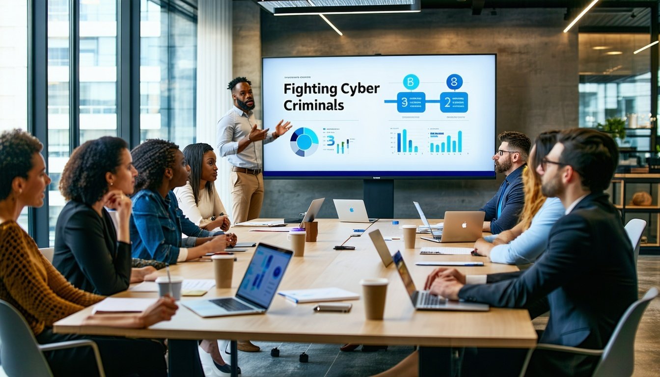 A corporate office setting featuring a diverse group of professionals engaged in a discussion around a large conference table. One person is presentin